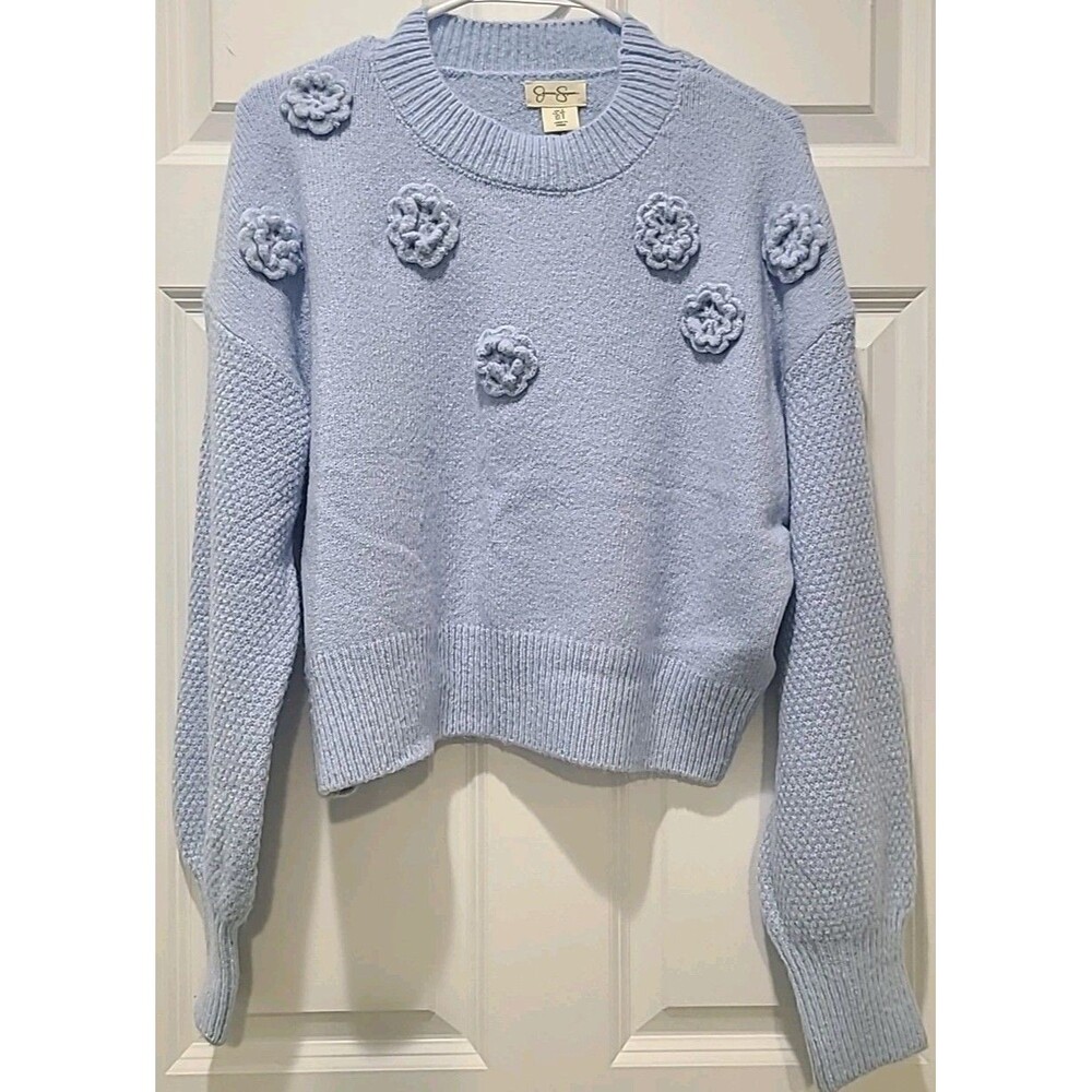 NWT Jessica Simpson Crop Powder Blue Floral Applique Boho Sweater Sz S